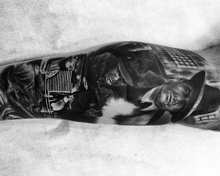 realistic-gangster-scene-mens-leg-sleeve-tattoo