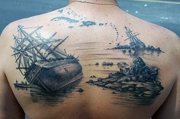 ship-wreck-mens-realistic-upper-back-tattoo-inspiration