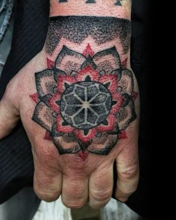 cool-male-geometric-red-and-black-ink-hand-tattoo-designs