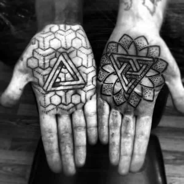 Tattoo uploaded by Kaitlin Green  Geometric all seeing eye hand tattoo for  women black and grey pattern geometry finger tattoos dotwork linework  done by tattoo artist Kaitlin Green in Denver Colorado 