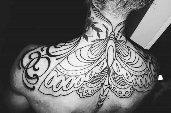 awesome-mens-black-ink-outline-upper-back-tattoo-of-moth