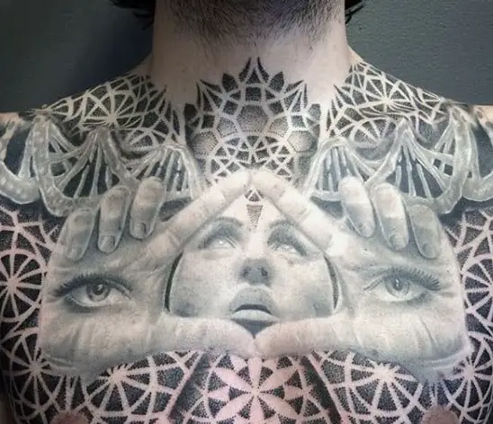 Tattoo uploaded by Tomm Birch  BIIIIIG OL chest doozy Dotwork blackwork  geometric mandala pattern  Tattoodo