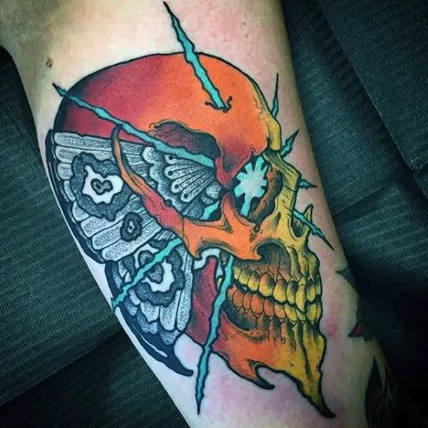 colorful-skull-with-moth-mens-arm-tattoo-ideas