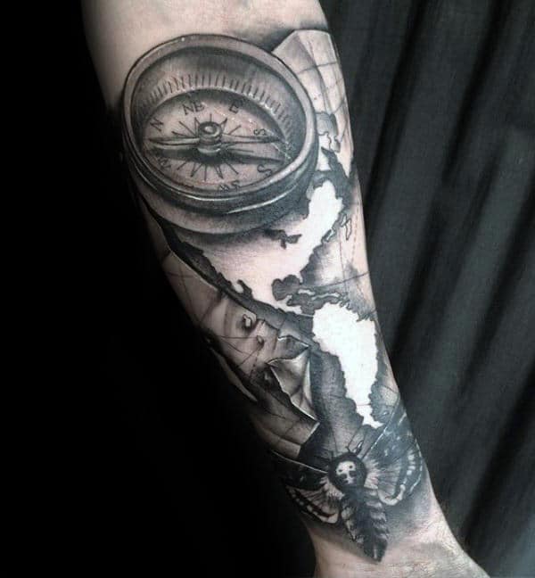 compass-with-map-mens-moth-forearm-sleeve-tattoo
