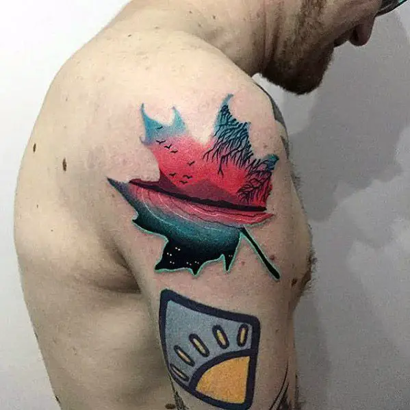 cool-upper-arm-maple-leaf-lake-tattoo-design-ideas-for-male