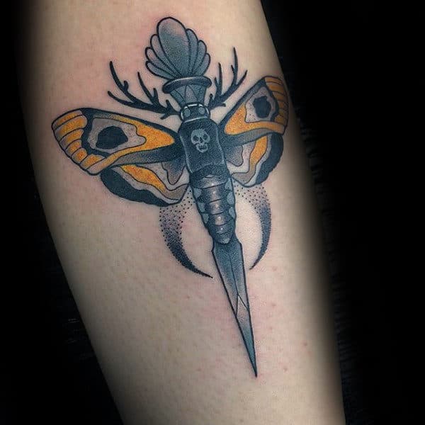 dagger-moth-mens-unique-arm-tattoo-ideas
