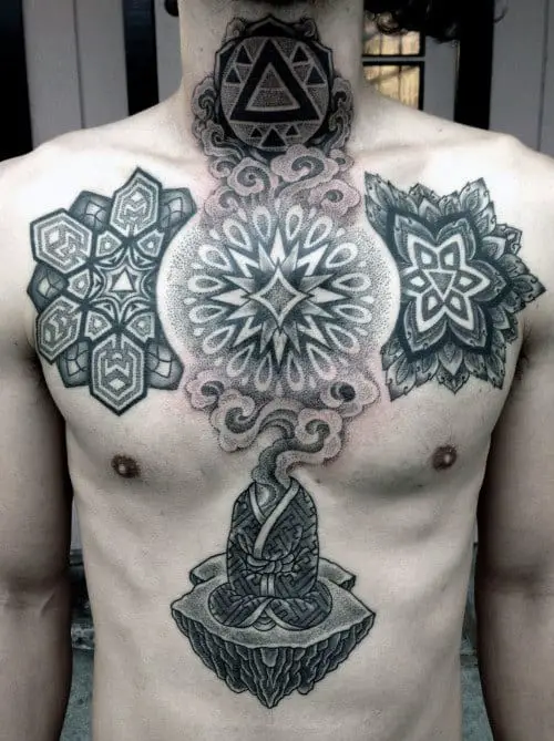 First tattoo Metatrons Cube Sacred Geometry Chest piece done by Brandon  Crone Las Vegas NV Work in progress  rtattoos