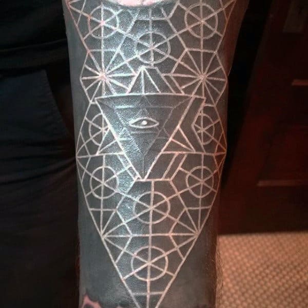 forearm-guys-geomtric-all-seeing-eye-white-ink-sleeve-tattoos