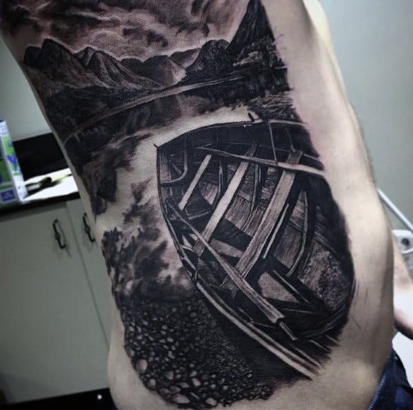 hyper-realistic-3d-rib-cage-side-lake-mens-tattoo-designs