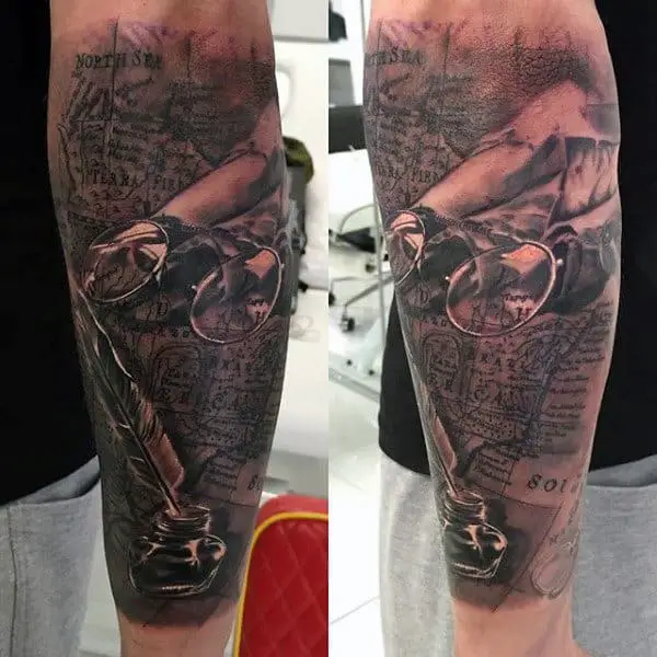 ink-pen-scrolls-map-tattoo-for-men-on-forearm