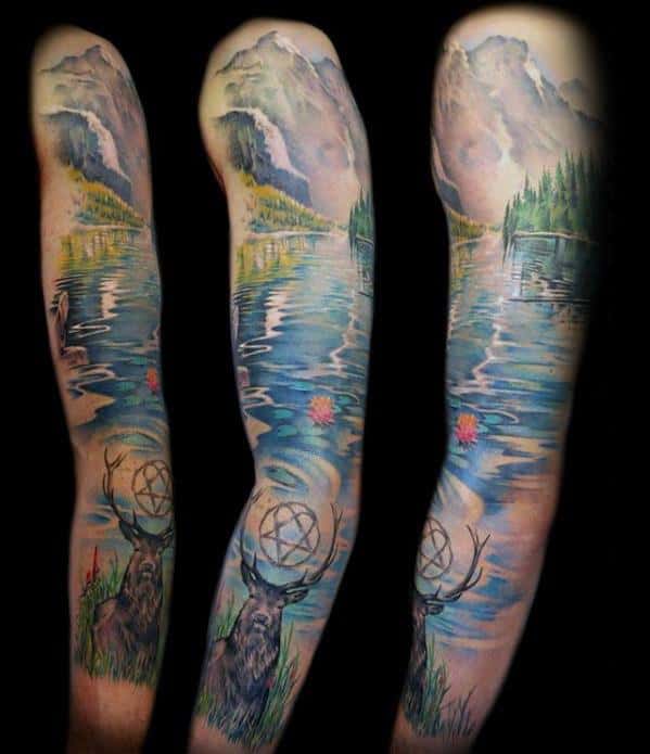 mens-tattoo-with-lake-design-full-arm-nature-sleeve