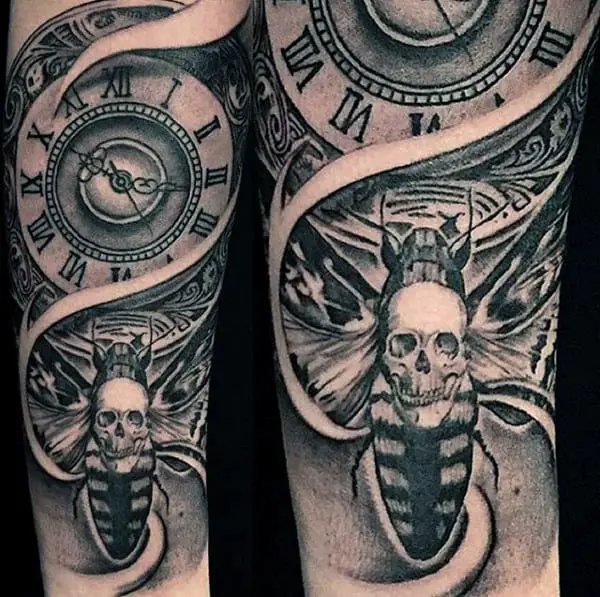 shaded-black-and-grey-skull-moth-with-clock-mens-forearm-sleeve-tattoos