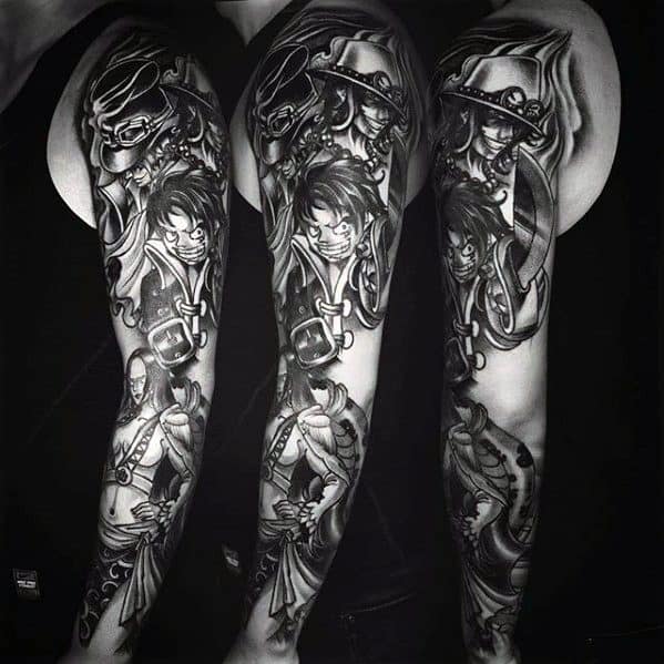 amazing-mens-full-arm-sleeve-black-and-grey-one-piece-tattoo-designs