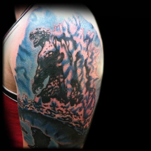 blue-artistic-sleeve-tattoo-for-men-of-godzilla-and-water