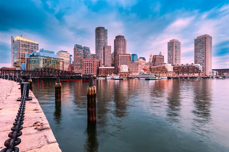 Boston, Massachusetts, USA city skyline at the harbor.