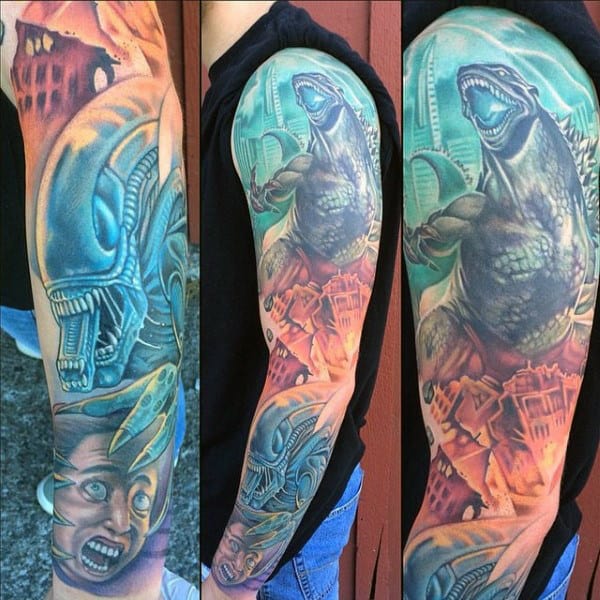 colorful-graphic-violent-alien-destroying-city-eating-man-tattoo