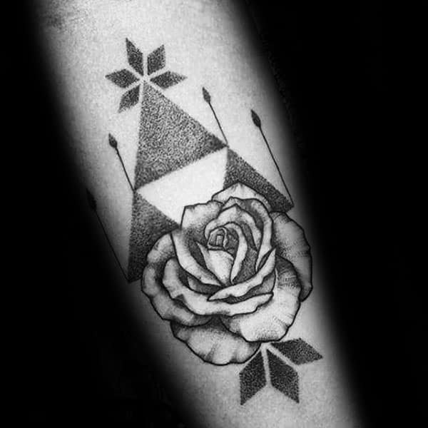 dotwork-rose-flower-guys-geometric-triforce-symbol-tattoos-on-inner-forearm