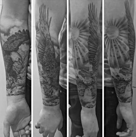 forearm-sleeve-manly-river-flying-eagle-tattoo-design-ideas-for-men