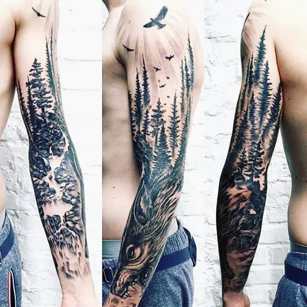 full-arm-sleeve-trees-with-wolf-guys-tattoos-with-river-design
