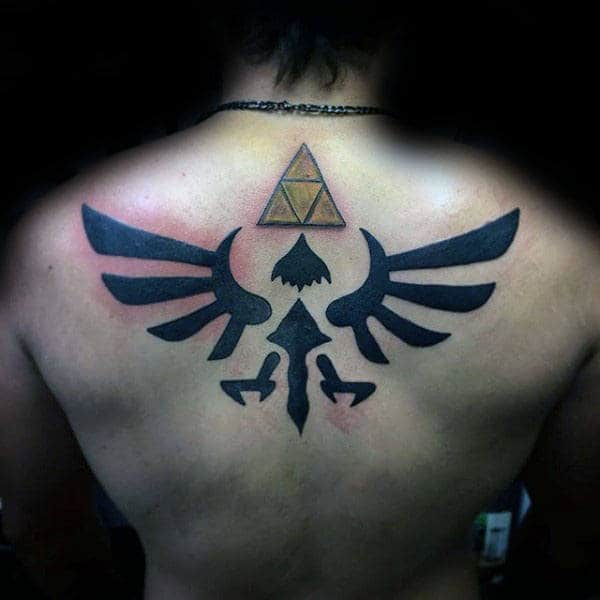 gold-triforce-with-blcak-zelda-symbol-mens-upper-back-tattoos