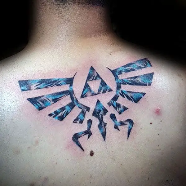 guys-blue-ink-legend-of-zelda-triforce-upper-back-tattoos