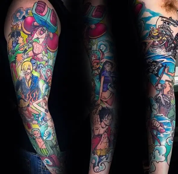 guys-colorful-full-arm-sleeve-one-piece-tattoo-design-idea-inspiration