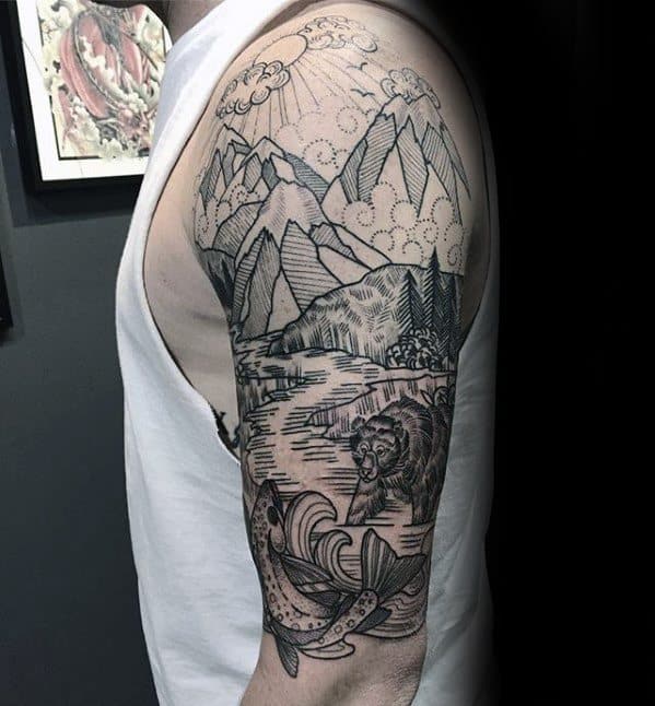 Premium Vector  Mountains and river landscape tattoo