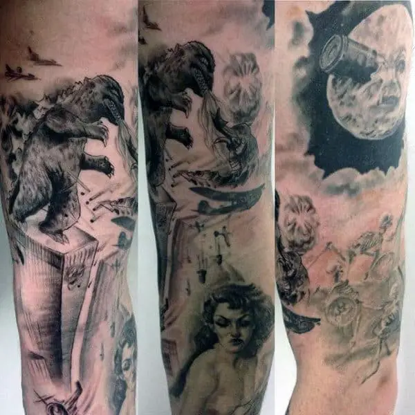 illustrative-black-and-white-movie-scene-tattoo-godzilla-giant-woman-trip-to-the-moon-on-man