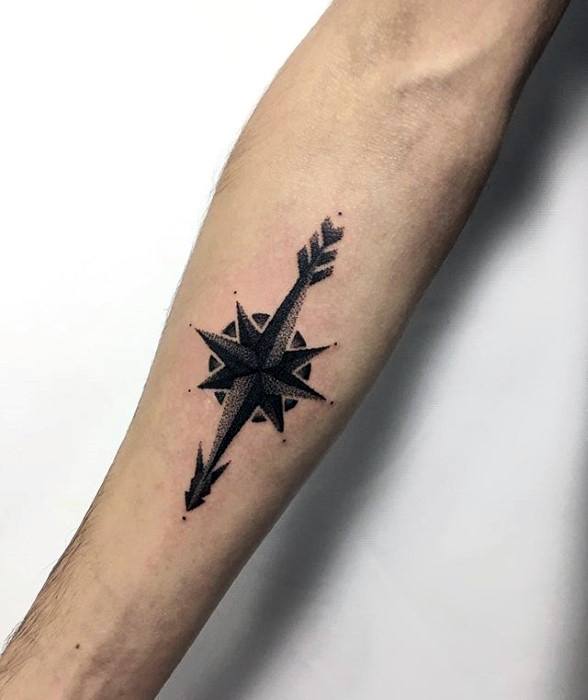 inner-forearm-dotwork-nautical-star-manly-small-arrow-tattoo-design-ideas-for-men