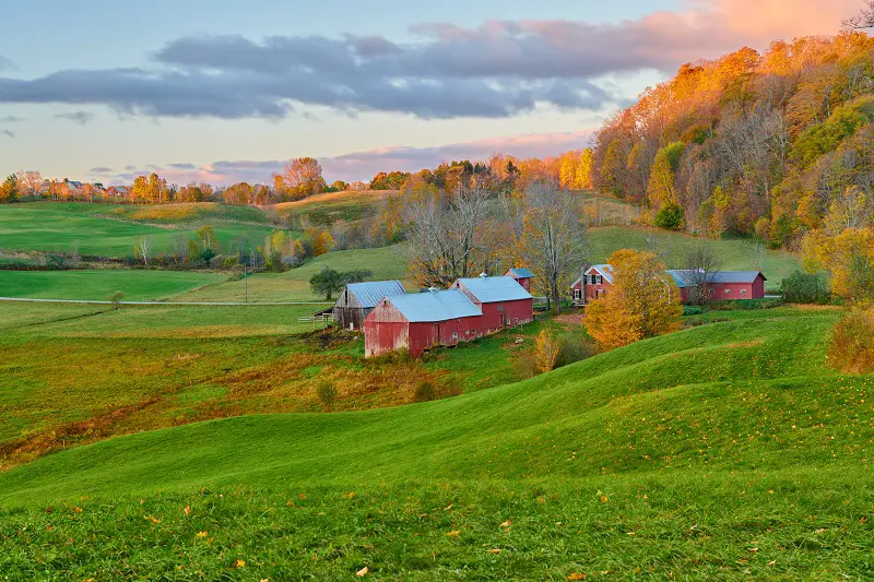 Jenne Farm with barn at sunny autumn morning