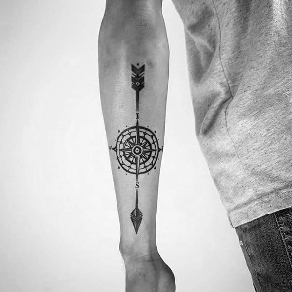 male-small-arrow-nautical-star-compass-outer-forearm-tattoo-ideas