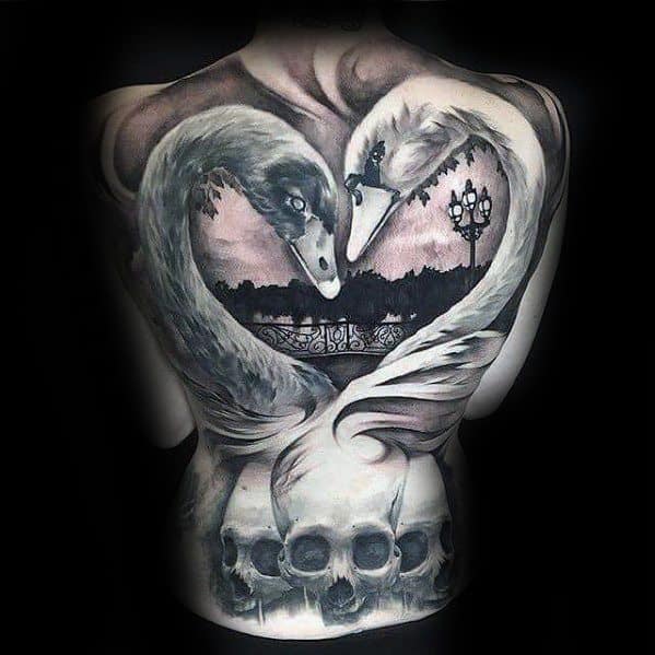 mens-3d-full-back-cool-skull-with-swan-tattoo-ideas