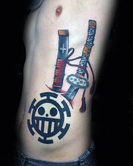 mens-one-piece-tattoo-on-rib-cage-side-with-sword-design