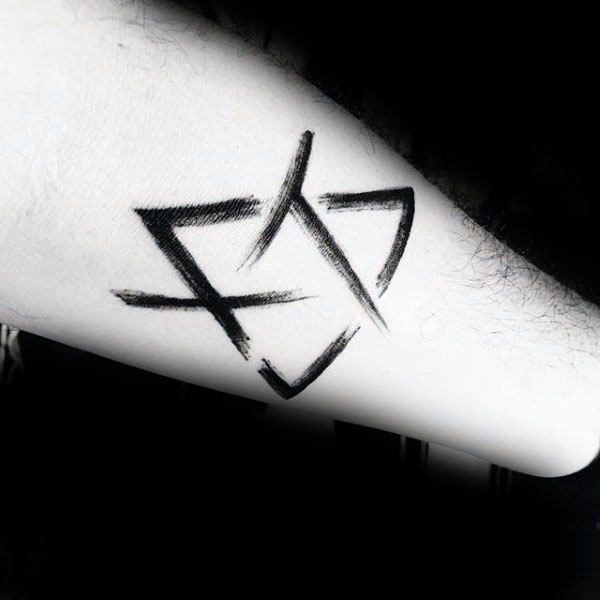 mens-triforce-zelda-paint-brush-stroke-black-ink-tatoos-on-forearm