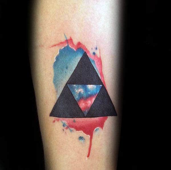 mens-watercolor-triforce-red-and-blue-ink-forearm-tattoo