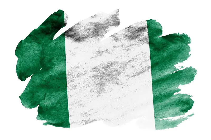 Nigeria flag is depicted in liquid watercolor style isolated on white background