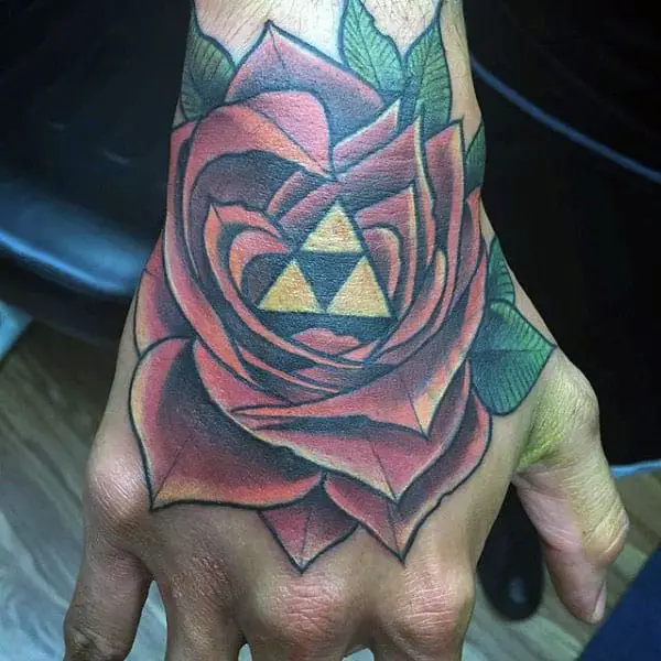 rose-flower-golden-triangles-mens-triforce-hand-tatos