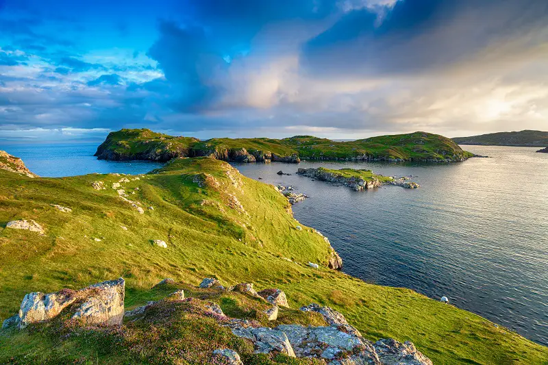 Sunny evening over the coastline at Rodel