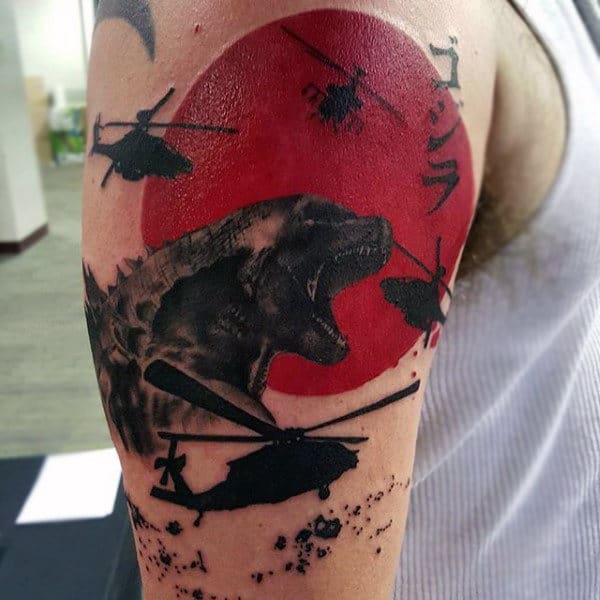 trash-polka-watercolor-tattoo-of-godzilla-fighting-helicopters-on-man