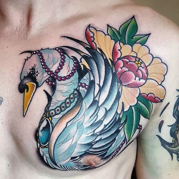 upper-chest-mens-swan-with-flower-tattoo-design-ideas