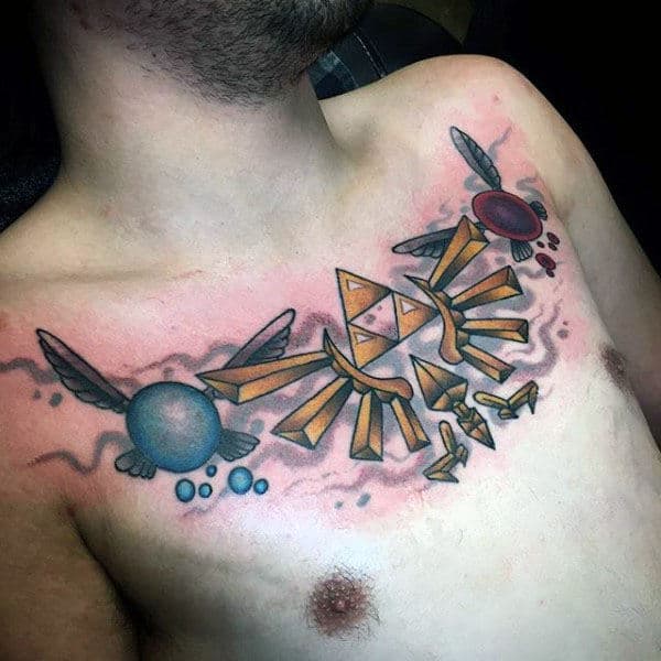 watercolor-background-male-legend-of-zelda-themed-triforce-upper-chest-tattoo