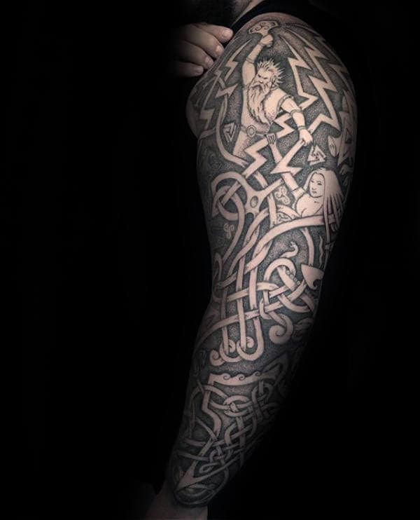 amazing-full-sleeve-mjolnir-mens-negative-space-tattoos