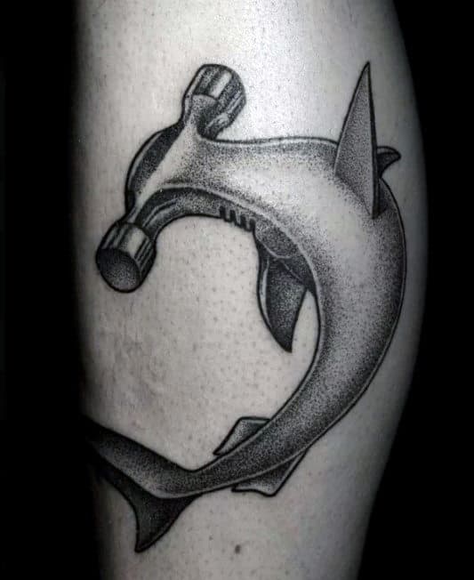 artistic-hammerhead-shark-with-hammer-leg-calf-mens-tattoo