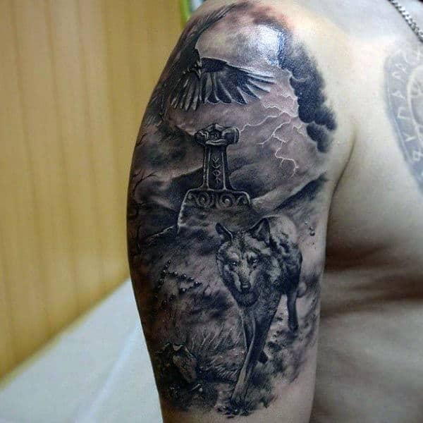 awesome-wolf-with-mjolnir-mens-half-sleeve-tattoo-ideas