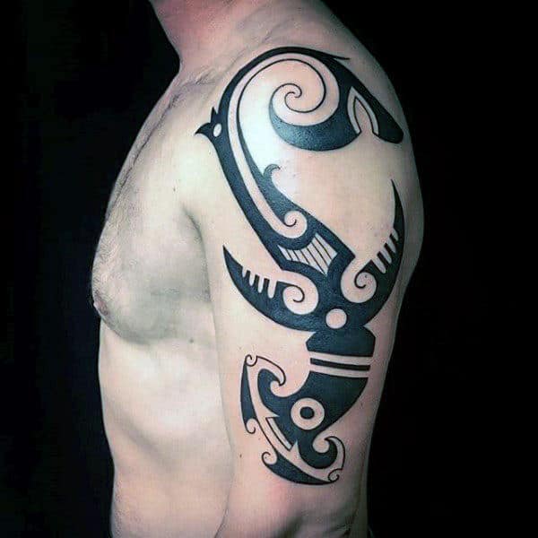 black-ink-bold-guys-hammerhead-shark-tribal-tatto-on-upper-arm