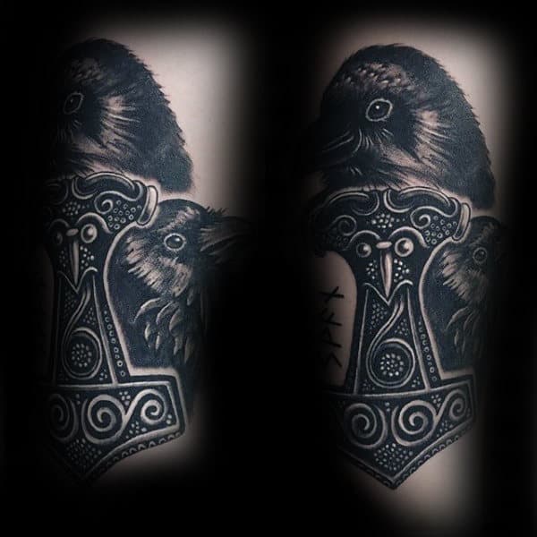 black-rows-with-mjolnir-guys-forearm-tattoo-design-ideas