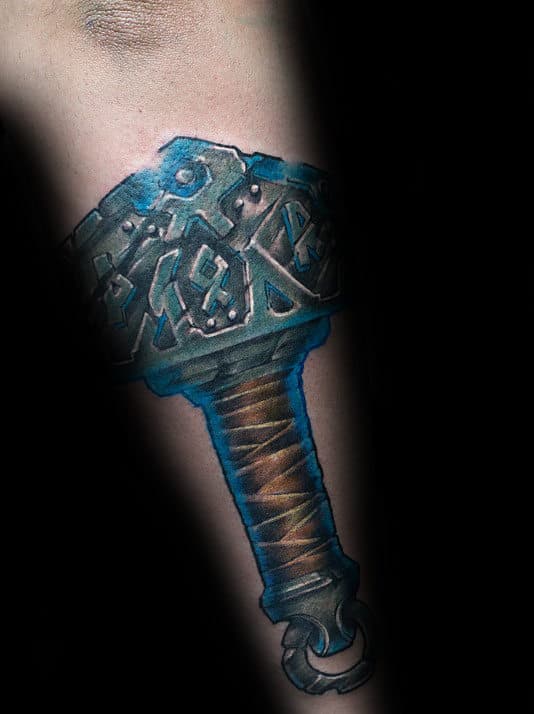 blue-ink-mjolnir-mens-outer-forearm-tattoo-ideas