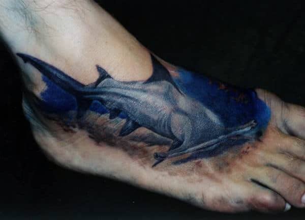 blue-ink-wateroclor-hammerhead-shark-foot-mens-tattoos
