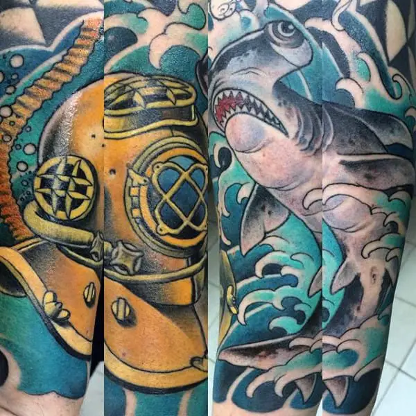 cool-guys-nautical-hammerhead-shark-tattoos-forearm-sleeve