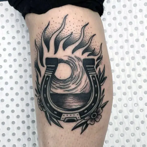 cool-ocean-flames-horseshoe-mens-leg-calf-tattoos